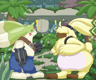 ahoge ammo_belt anthro belt bottomwear clothing denim denim_bottomwear denim_clothing duo forest fur gun_arm hair hair_over_eyes jeans jungle long_ears male pants plant ponytail_ears tree weapon_arm white_body white_fur yellow_body yellow_fur thecrushiesgirl bandai_namco digimon angoramon digimon_(species) gargomon 6:5 hi_res