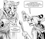 2018 anthro cheetah clothed clothing conditional_dnp dialogue duo english_text felid feline jewelry leopard magic male mammal micro monochrome pantherine pawpads serval simple_background text titusw wand