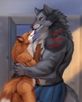 anthro biped black_body black_fur blep bulge butt clothing countershading duo fur grey_body grey_fur hand_in_underwear hug larger_anthro larger_male male male/male multicolored_body multicolored_fur muscular muscular_male orange_body orange_fur red_body red_eyes red_fur size_difference smaller_anthro smaller_male smile tongue tongue_out two_tone_body two_tone_fur underwear white_body white_fur zephyxus fenris_(zephyxus) canid canine canis fox mammal wolf 2022 digital_media_(artwork)