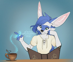 5_fingers anthro black_nose blue_eyes blue_hair breasts clothed clothing female fingers hair simple_background smile solo text year kittydee canid canine fennec_fox fox mammal true_fox 2021 artist_name dated digital_drawing_(artwork) digital_media_(artwork)