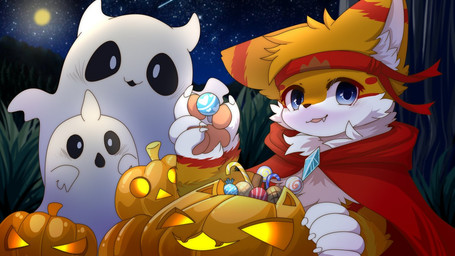 anthro big_eyes biped blue_eyes cute_fangs fangs food fruit fur group holidays kemono looking_at_viewer male plant pumpkin slim_anthro slim_male solo_focus teeth trio white_body white_fur yellow_eyes hlg7777 halloween ghost spirit 2020