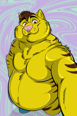 anthro belly big_belly brown_eyes brown_hair brown_stripes eyewear fur glasses hair high-angle_view looking_at_viewer male overweight overweight_anthro overweight_male pink_nose rectangular_glasses selfie smile smiling_at_viewer solo striped_body striped_fur stripes wearing_glasses yellow_body yellow_fur remmyfox tyler_furlong domestic_cat felid feline felis mammal 2025 digital_drawing_(artwork) digital_media_(artwork) english_description hi_res