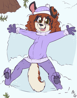 anthro belly big_belly biped black_nose blue_clothing blue_sweater blue_topwear claws clothed clothing female fur green_eyes hair hat headgear headwear looking_at_viewer lying lying_on_ground on_back on_ground one_ear_up open_mouth open_smile pawpads red_hair smile snow snow_angel solo sweater teeth toe_claws tongue topwear turtleneck white_body white_fur winter winter_clothing young young_anthro young_female fuf bonnie_(darkrusty) canid canine canis domestic_dog mammal molosser mountain_dog saint_bernard 2018 hi_res
