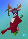 anthro antlers bubble clothing eyewear freediving fur goggles green_eyes holding_breath horn male red_body red_fur seaweed solo swimming swimming_goggles swimming_trunks swimwear dante_mutt_(artist) cervine deer fish mammal marine red_deer