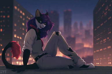 anthro black_body black_fur building clothing ear_tuft female fur green_eyes hair house looking_at_viewer open_mouth purple_hair sitting skyscraper solo tail tail_tuft teeth tongue town tuft white_body white_fur white_inner_ear shyryp domestic_cat felid feline felis hybrid lion mammal pantherine absurd_res digital_media_(artwork) hi_res
