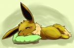 2014 ambiguous_gender blush eevee eyes_closed generation_1_pokemon hi_res lying nintendo open_mouth pillow pokemon pokemon_(species) rainichi solo