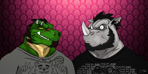 anthro beard black_clothing black_hair black_shirt black_t-shirt black_topwear bodily_fluids clothed clothing duo eyebrow_piercing eyebrow_ring facial_hair facial_piercing front_view green_body green_scales grey_body grey_clothing grey_topwear grin hair male multiple_piercings muscular muscular_anthro muscular_male narrowed_eyes nose_piercing nose_ring nostril_ring pattern_background piercing ring_piercing scales shirt simple_background simple_eyes smile sweat sweatdrop t-shirt topwear yellow_body yellow_eyes yellow_scales crazydrak alex_(jrbart) alligator alligatorid crocodilian mammal reptile rhinoceros scalie 2:1 hi_res