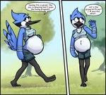 anthro avian_feet beak blue_body blue_feathers breasts clothed clothing crossgender day feathers female hand_on_belly mtf_crossgender narrow_hips nervous_smile park pregnant pregnant_anthro pregnant_female solo speech_bubble tail tail_feathers text thin_calves thin_legs thin_thighs walking white_body white_feathers shieltar cartoon_network regular_show mordecai_(regular_show) avian bird blue_jay corvid jay_(bird) new_world_jay oscine passerine english_text