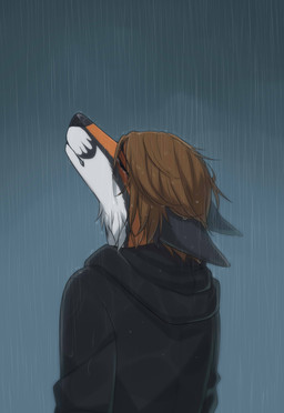anthro black_body black_fur black_nose bodily_fluids brown_hair clothed clothing crying dark depression fully_clothed fur grey_background hair hoodie male multicolored_body multicolored_fur orange_body orange_fur raining simple_background solo standing tears topwear two_tone_body two_tone_fur water wet white_body white_fur viskasunya egsaku_(character) canid canine fox mammal 2017 absurd_res hi_res