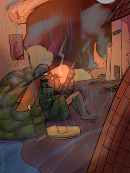 ambiguous_gender anthro armor backpack battlefield blood bodily_fluids building bullet_casing bullet_hole cigar clothed clothing corpse fire gun house outside raining ranged_weapon sandbags sitting smoking smoking_cigar solo text weapon rockpankake black_bars_(rockpankake) deer mammal 2026 3:4 digital_media_(artwork) english_text hi_res