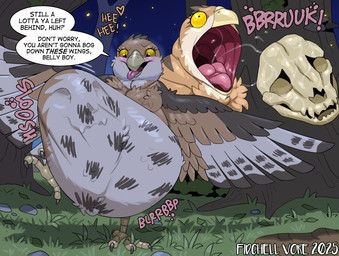 after_vore beak belly big_belly bone female feral night outside overweight skull solo speech_bubble text vore yellow_sclera fidchellvore lyla_the_honey_buzzard avian 2025