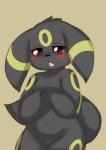 ambiguous_gender anthro black_body black_fur blush ears_down fur looking_at_viewer navel open_mouth pivoted_ears red_eyes semi-anthro shy simple_background solo nekonade nintendo pokemon canid canine eeveelution generation_2_pokemon mammal pokemon_(species) umbreon 2015 absurd_res digital_media_(artwork) hi_res