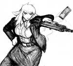 action_pose angry anthro big_breasts bottomwear breasts clothing female frown gun hair holding_gun holding_object holding_ranged_weapon holding_weapon jacket magazine_(gun) pose ranged_weapon skirt solo topwear trigger_discipline weapon hladilnik john_wick jane_doe_(hladilnik) bovid caprine domestic_sheep mammal sheep 2017 black_and_white monochrome