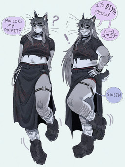 accessory alternative_fashion animal_noises_while_talking anthro arm_tuft asking_viewer belly bent_leg black_bottomwear black_clothing black_crop_top black_footwear black_shirt black_shoes black_skirt black_topwear bottomwear bracelet choker clothing collarbone countershade_arms countershade_belly countershade_face countershade_legs countershade_neck countershading crop_top dipstick_ears ear_markings ear_piercing elbow_tuft exclamation_point eyebrows facial_tuft female female_anthro footwear freckled_face freckles fur garter grey_body grey_fur grey_hair hair hands_behind_back hands_on_hips happy helix_piercing jewelry leg_garter legband long_hair long_skirt markings meow midriff motion_lines multicolored_body multicolored_ears multicolored_fur multiple_poses necklace on_one_leg pants_chain piercing pose punk punk_rock_outfit question_mark sharp_teeth shirt shoes short_sleeves short_tail skirt slightly_chubby slightly_chubby_anthro slightly_chubby_female smile smiling_at_viewer socks speech_bubble spiked_bracelet spikes standing stripes tail teeth thick_eyebrows thighband topwear torn_clothing tuft two_tone_body two_tone_fur underwear visible_underwear white_clothing white_ear_tips white_footwear white_socks white_stripes wolfertinger hitomi_(wolfertinger) domestic_cat felid feline felis mammal manx 2025 archived_source colored_sketch digital_media_(artwork) full-length_portrait hi_res portrait shaded sketch trans_(lore) trans_woman_(lore)