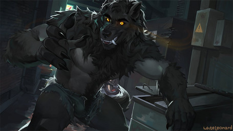 5_fingers alley anthro back_alley black_body black_fur black_pawpads body_hair bottomwear bulge chest_fur chest_hair claws clothed clothing denim denim_bottomwear denim_clothing denim_shorts eye_contact finger_claws fingers fur glowing glowing_eyes grey_body grey_fur happy_trail looking_at_another male muscular muscular_anthro muscular_male open_bottomwear open_clothing open_pants pants partially_clothed pawpads reaching_towards_viewer sharp_teeth shorts solo teeth text topless yellow_eyes whiteleonard mythology canid canine canis mammal mythological_canine mythological_creature werecanid werecanine werecreature werewolf wolf 2025 digital_media_(artwork) english_text hi_res watermark