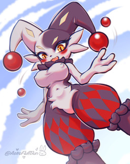 anthro ball black_body black_fur black_nose breasts cheek_tuft eyelashes facial_tuft featureless_crotch female fur jester juggling low-angle_view markings multicolored_body multicolored_fur navel neck_tuft nipples open_mouth open_smile red_markings smile solo tuft white_body white_fur yellow_eyes yellow_markings astrofluffbun palworld pocketpair dupin_(pal) lagomorph leporid mammal pal_(species) rabbit
