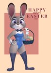 anthro bow_(feature) bow_in_front bow_tie bunny_costume clothing costume easter_egg female fur grey_body grey_fur hand_on_hip happy happy_easter holidays legwear leotard looking_at_viewer purple_eyes shirt_cuffs smile solo text thigh_highs qupostuv35 disney easter zootopia judy_hopps lagomorph leporid mammal rabbit 2022 digital_media_(artwork) english_text full-length_portrait hi_res portrait