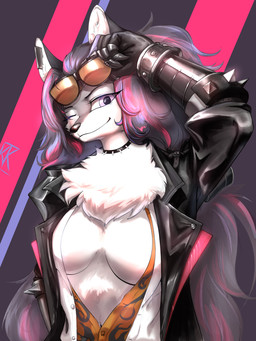 anthro armband armor bracers breasts clothed clothing collar ear_piercing exposed_breasts eyewear female hair jacket leather leather_clothing leather_jacket leather_topwear long_hair looking_at_viewer neck_tuft one_eye_closed open_clothing open_shirt open_topwear piercing shirt solo spiked_armband spiked_collar spikes sunglasses topwear tuft unbuttoned_shirt wink winking_at_viewer ktk's_sky arknights hypergryph studio_montagne lupina_(arknights) canid canine canis mammal wolf absurd_res hi_res