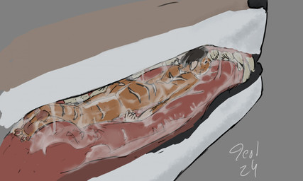 anthro black_hair bodily_fluids duo eyes_closed feet fur grey_background grey_body grey_fur hair inside_mouth internal lying macro macro_pred male male/male male_pred micro micro_prey mouth_closed nude nude_anthro nude_male on_front oral_vore orange_body orange_fur saliva saliva_covered saliva_on_feet saliva_on_tongue sharp_teeth simple_background spread_toes striped_body striped_fur stripes teeth text toes tongue vore white_body white_fur white_text jeri_kleinlowe canid canine felid mammal pantherine tiger 2024 dated hi_res signature