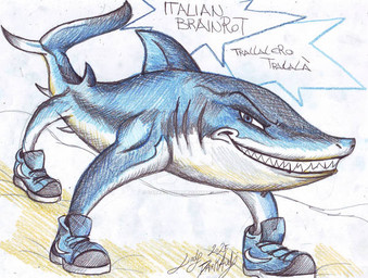 blue_body blue_eyes clothing feral footwear footwear_only male mostly_nude shoes shoes_only simple_background solo speech_bubble text white_background darkaudi1728 italian_brainrot_animals nike tralalero_tralala aquatic fish shark graphite_(artwork) traditional_media_(artwork)