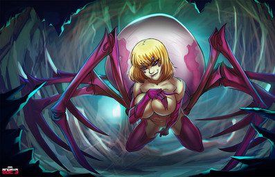 6_eyes 8_legs arthropod_abdomen barely_visible_genitalia barely_visible_vulva big_breasts bite biting_lip blonde_hair breasts cave covering covering_crotch covering_nipples covering_vulva detailed_background exoskeleton eye_through_hair female front_view frontal_taur_genitals frontal_taur_vulva genitals glistening glistening_eyes hair inside light light_body light_skin lips looking_at_viewer multi_eye navel nipples nude pink_body pink_exoskeleton pink_lips pink_stripes purple_eyes shadow short_hair solo spider_web spread_legs spreading stripes translucent translucent_hair vulva andava kizzy_(ghostofsmut) arachnid arachnid_taur arthropod arthropod_taur humanoid_taur spider spider_taur taur 2018 chromatic_aberration hi_res lighting