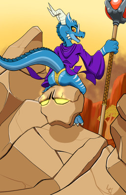 blue_body butt claws clothed clothing dorsal_ridge eyewear female glasses hoodie horn magic_user panties pantsless purple_clothing red_eyes rock sitting sitting_on_another solo staff striped_body stripes tail topwear underwear wearing_glasses yellow_sclera fuzzycogs shattuck_(fuzzycogs) elemental_creature kobold scalie absurd_res hi_res