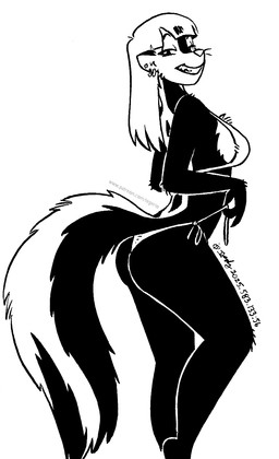 anthro bikini clothing ear_piercing ear_ring female fur grin grinning_at_viewer hair half-closed_eyes narrowed_eyes piercing ring_piercing simple_background smile smiling_at_viewer solo swimwear tail two-piece_swimsuit whiskers white_background tegerio zandar's_saga kelly_o'dor mammal mephitid skunk 2025 hi_res monochrome