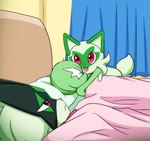 ambiguous_gender anthro bed bedding bedroom blanket frown furniture green_body group hug hugging_object hugging_plushie pillow plushie red_eyes sleeping smile furumi92 ah_yes._me._my_girlfriend. nintendo pokemon gardevoir generation_3_pokemon generation_9_pokemon meowscarada pokemon_(species) sprigatito meme