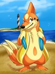 2_tails 3_fingers 3_toes beach biped black_nose cheek_tuft chest_tuft detailed_background facial_tuft feet feral fingers fur male multi_tail orange_body orange_fur outside sea seaside sky solo standing tail teeth toes tuft water wienerdogworks nintendo pokemon floatzel generation_4_pokemon pokemon_(species) 2022 hi_res