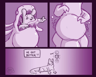 ambiguous_gender anthro anthro_pred belly big_belly duo eyes_closed feet_first feral feral_pred implied_fatal neck_bulge pink_background reformation simple_background text vore white_arms white_body white_legs sheeptastic rain_world videocult lizard_(rain_world) slugcat 2026 5:4 comic english_text hi_res watermark