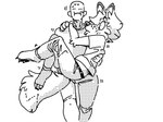 1-bit anthro bottomwear bridal_carry carrying_another claws clothing duo feet human_on_anthro interspecies male male/male pants shirt struggling toes topwear wide_eyed sketchytoasty anon conner_(sketchytoasty) canid canine canis human mammal wolf digital_drawing_(artwork) digital_media_(artwork) monochrome sketch