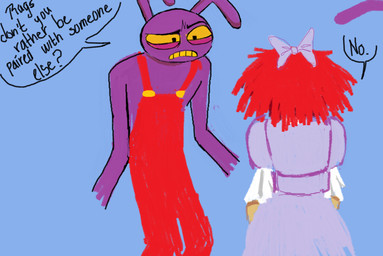 alternative_fashion anthro black_eyes blue_clothing blue_dress clothed clothing doll dress duo eyebrows eyelashes female fur hair j-fashion lolita_(fashion) long_ears male overalls purple_body purple_ears purple_fur rag_doll_(toy) rear_view red_clothing red_hair red_overalls speech_bubble sweet_lolita tan_body teeth text yellow_sclera yellow_teeth light-koe-pinsky glitch_productions the_amazing_digital_circus jax_(tadc) ragatha_(tadc) animate_inanimate humanoid lagomorph leporid living_doll living_toy mammal rabbit absurd_res english_text hi_res