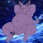 anthro balls belly big_balls big_belly floating fur genitals grin half-erect hands_behind_head looking_at_viewer male moobs nipples overweight overweight_male penis purple_body purple_fur smile solo space ai_generated_reference camp14 dragon_ball dragon_ball_super champa domestic_cat felid feline felis mammal 1:1 hi_res