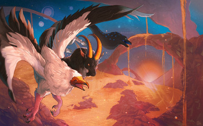 2_heads beak black_body black_feathers black_talons feathers feet feral horn landform male multi_head night rock sky snout solo sun talon_hands talons toes water white_body white_feathers wings deesketchs unknown_species 2022 painting_(artwork) traditional_media_(artwork)