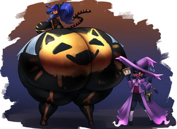 anthro big_breasts big_butt black_bodysuit black_clothing black_skinsuit blue_hair bodypaint bodysuit breasts butt clothing duo female hair holidays huge_breasts huge_butt huge_hips huge_thighs hyper hyper_butt hyper_hips hyper_thighs male skinsuit thick_thighs tight_clothing wide_hips yboon halloween nintendo pokemon moon_(madzie) generation_3_pokemon generation_7_pokemon kirlia litten pokemon_(species) hi_res