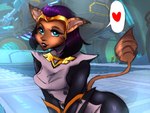 anthro blue_eyes breasts brown_body brown_fur circlet clothing eyebrows eyelashes female fur hair heart_symbol leaning leaning_forward purple_hair short_hair solo tail tail_tuft tuft crescentnocturn ratchet_and_clank sony_corporation sony_interactive_entertainment sasha_phyronix cazar_(ratchet_and_clank) mammal 2025 hi_res pictographics