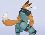 anthro belt biceps big_bulge big_butt breath brown_body brown_fur bulge butt clothed clothing fully_clothed fur furgonomics looking_back male markings muscular muscular_anthro muscular_male orange_body orange_fur pose shoulder_pads simple_background smile smirk solo spiked_belt spiked_clothing spiked_shoulder_pads spikes tight_clothing whisker_markings white_body white_fur yellow_eyes fleshformomo epic_games fortnite fennix_(fortnite) canid canine fox mammal red_fox true_fox pinup