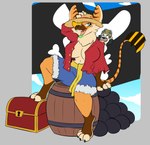 anthro barrel big_breasts bottomwear breasts clothing cosplay female hat headgear headwear inner_boob navel open_mouth partial_nudity paws pirate shorts solo straw_hat treasure_chest haiku_oezu one_piece ratchet_and_clank sony_corporation sony_interactive_entertainment micca_lucas lombax mammal absurd_res hi_res