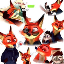 anthro anthro_on_anthro bodily_fluids brown_body brown_fur clothed clothing duo eyewear female fur grey_body grey_fur heart_symbol interspecies long_ears male male/female narrowed_eyes orange_body orange_fur purple_eyes shirt simple_background sunglasses sweat sweatdrop tan_body tan_fur tank_top text thought_bubble topwear tracksuit white_background nibkman0304 disney zootopia judy_hopps nick_wilde canid canine european_rabbit fox lagomorph leporid mammal oryctolagus rabbit red_fox true_fox 1:1 hi_res japanese_text translation_request