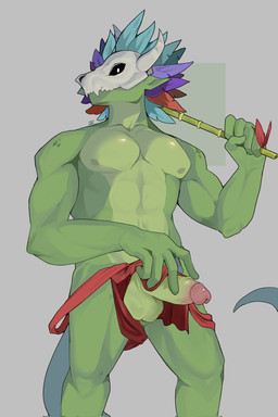 5_fingers anthro balls bamboo bamboo_stick bone bone_mask bottomwear bottomwear_pull bulge clothed clothing clothing_lift clothing_pull erection feathered_headdress fingers genitals glans green_body green_penis hand_on_penis holding_object holding_stick humanoid_genitalia humanoid_penis logo loincloth loincloth_lift looking_aside male mask muscular muscular_anthro muscular_arms muscular_male non-mammal_balls pecs penis pointy_ears skull skull_mask solo stick topless topless_anthro topless_male vein veiny_penis butfdai terraria witch_doctor_(terraria) lihzahrd lizard reptile scalie 2026 artist_logo digital_media_(artwork) hi_res