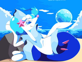 ambiguous_gender anthro beach blue_eyes blue_hair cloud gem hair lying pearl_(gem) rock sea sky smile solo split_form starfish_(accessory) water white_body sleepy_sealion nintendo pokemon asterozoan echinoderm generation_7_pokemon marine pokemon_(species) primarina starfish 2025 4:3 absurd_res dated hi_res signature