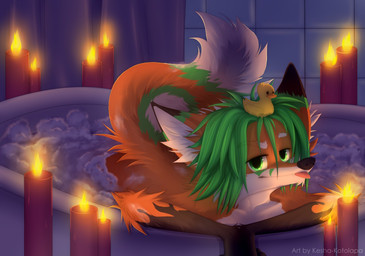anthro bath bathing bathroom bathtub blep butt candle fangs fluffy foam inner_ear_fluff looking_at_viewer lying male narrowed_eyes nude on_front paws raised_tail romantic romantic_ambiance rubber_duck smile solo tail teeth tongue tongue_out tuft kesha_kotolapa canid canine fox mammal signature