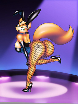 anthro armwear big_breasts big_butt black_armwear black_background black_clothing black_elbow_gloves black_footwear black_gloves black_handwear black_high_heels black_latex breasts bunny_costume butt butt_tattoo clothed clothing costume crossgender curvy_figure elbow_gloves exposure_variation eyebrows fake_ears fake_rabbit_ears female fishnet_clothing fishnet_legwear fluffy fluffy_tail footwear fur glistening glistening_clothing gloves green_eyes hair handwear high_heels hourglass_figure latex latex_armwear latex_clothing latex_elbow_gloves latex_gloves latex_handwear leaning leaning_forward legwear looking_back mtf_crossgender on_one_leg open_mouth shoes simple_background solo spotlight stage standing stiletto_heels tail tan_body tan_fur tan_hair tattoo thick_eyebrows wide_hipped_anthro wide_hipped_female wide_hips dracojeff nintendo star_fox fox_mccloud canid canine fox mammal 2023 3:4