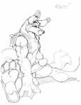 anthro balls big_penis bottomless clothed clothing erection fur genitals humanoid_genitalia humanoid_penis male penis simple_background sitting solo tail white_background ferris canid canine canis mammal wolf 2002 greyscale monochrome traditional_media_(artwork)