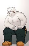 anthro black_nose bottomwear cellphone clothing electronics eyewear fur glasses kemono male moobs nipples overweight overweight_anthro overweight_male pants phone simple_background sitting smartphone solo white_body white_fur buruukoori odd_taxi sekiguchi_(odd_taxi) bear mammal polar_bear ursine 2021 hi_res