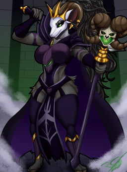 4_horns accessory anthro armor black_hair black_lips black_sclera bone bottomwear cloak clothing crown crystal_ball detailed_background ear_piercing emerald_(gem) eyebrows eyelashes eyeshadow female fur furgonomics gem gold_(metal) gold_jewelry gradient_fur green_eyes grey_body grey_fur hair headgear holding_melee_weapon holding_object holding_staff holding_sword holding_weapon hooves horn horn_accessory horn_jewelry horn_ribbon jewelry leg_tuft lips loincloth long_hair makeup markings melee_weapon mole_(marking) multi_horn multicolored_body multicolored_fur piercing ribbons sharp_teeth shoulder_pads skull skull_symbol smile smoke solo staff sword tail teeth thick_thighs thigh_tuft tuft unconvincing_armor weapon white_body white_fur irc_(artist) delilah_(therealnarrowjungle) bovid caprine caprine_demon demon goat goat_demon mammal absurd_res hi_res signature