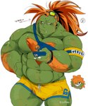 abs anthro body_hair bottomwear chest_hair claws clothing eyewear green_body hair long_hair male muscular muscular_anthro muscular_male navel orange_hair pecs ponytail shorts solo sunglasses tusks hyaku_(artist) capcom street_fighter blanka monster hi_res