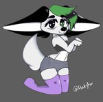 anthro belly bottomwear clothing female green_hair grey_body hair heart_eyes heart_symbol legwear purple_clothing purple_legwear purple_thigh_highs shorts solo thigh_highs white_belly fluufyfur canid canine fennec_fox fox mammal true_fox hi_res