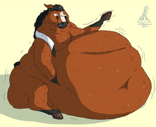 ambiguous_gender anatomically_inaccurate belly big_belly black_hair brown_arms brown_belly brown_body brown_ears brown_legs feral hair huge_belly hyper hyper_belly obese overweight sitting solo yauhasart equid equine horse mammal 2026 flat_colors