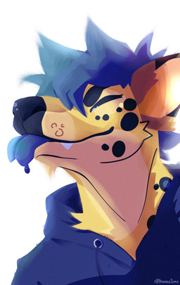 ambiguous_gender anthro blep blue_hair blue_tongue clothing dripping eyes_closed fur fur_markings hair markings solo sweater teeth tongue tongue_out topwear doodlejuni art_fight felid hybrid leopard lizard mammal pantherine reptile scalie absurd_res bust_portrait hi_res portrait